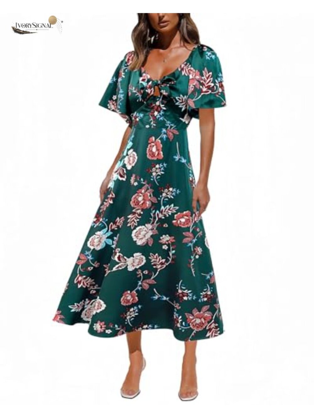 Satin Floral Maxi Dress Deep V Neck Tie Front Cap Sleeve Wedding Guest